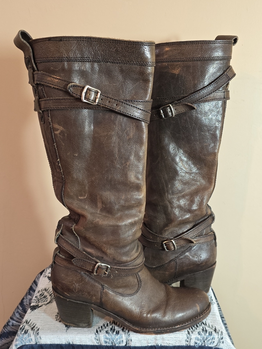 FRYE Tall Brown Leather Buckle Boots